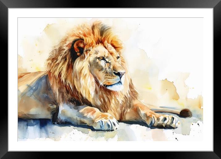 Watercolor of a big impressive lion on white. Framed Mounted Print by Michael Piepgras