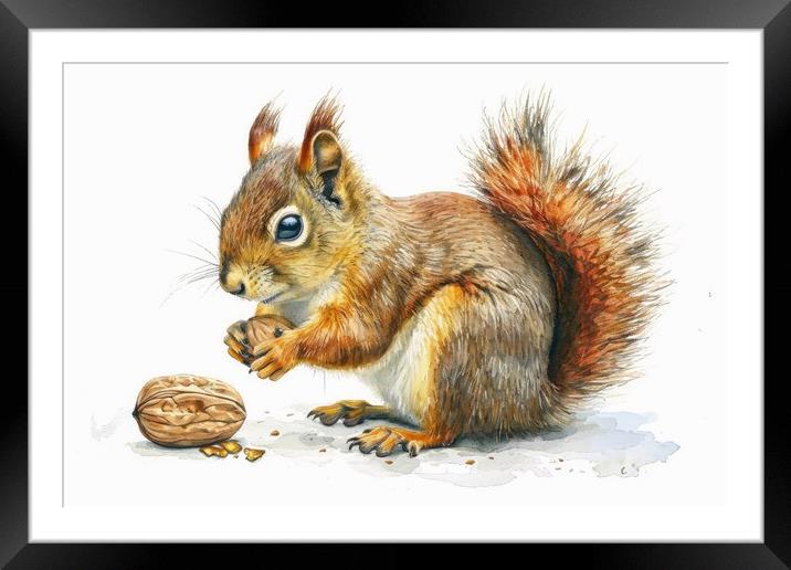 Watercolor of a cut squirrel with a nut on white. Framed Mounted Print by Michael Piepgras