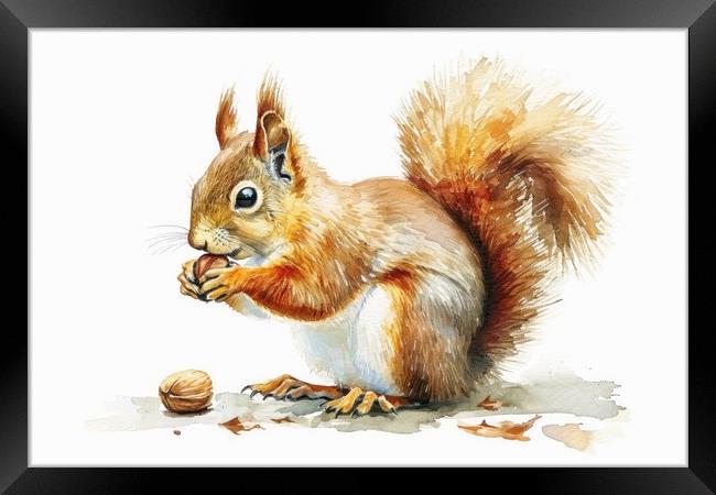 Watercolor of a cut squirrel with a nut on white. Framed Print by Michael Piepgras