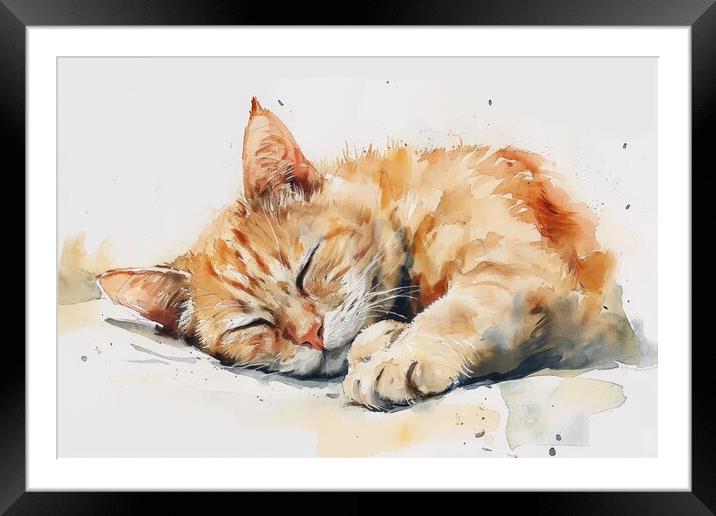 Watercolor of a cute cat on white. Framed Mounted Print by Michael Piepgras