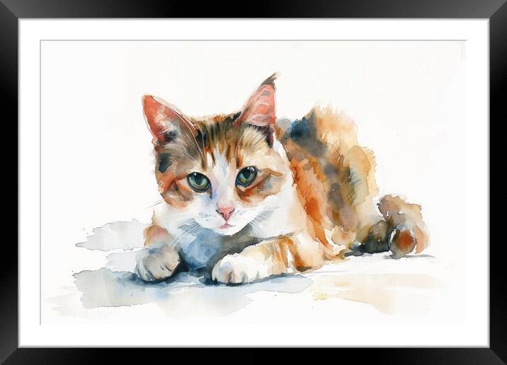 Watercolor of a cute cat on white. Framed Mounted Print by Michael Piepgras