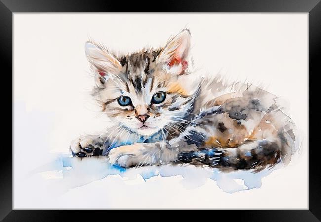 Watercolor of a cute cat on white. Framed Print by Michael Piepgras