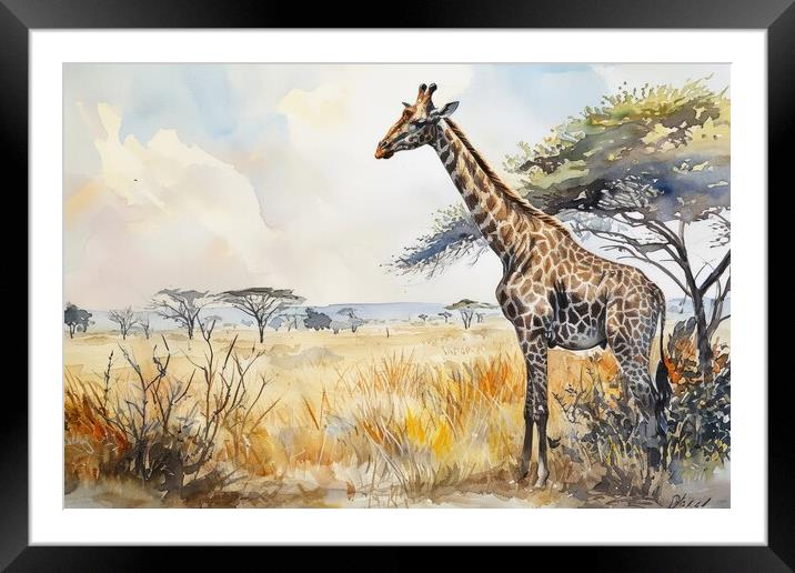 Watercolor of a Giraffe in the Savannah. Framed Mounted Print by Michael Piepgras