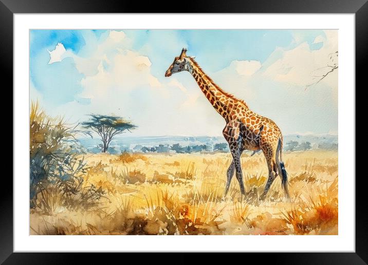 Watercolor of a Giraffe in the Savannah. Framed Mounted Print by Michael Piepgras