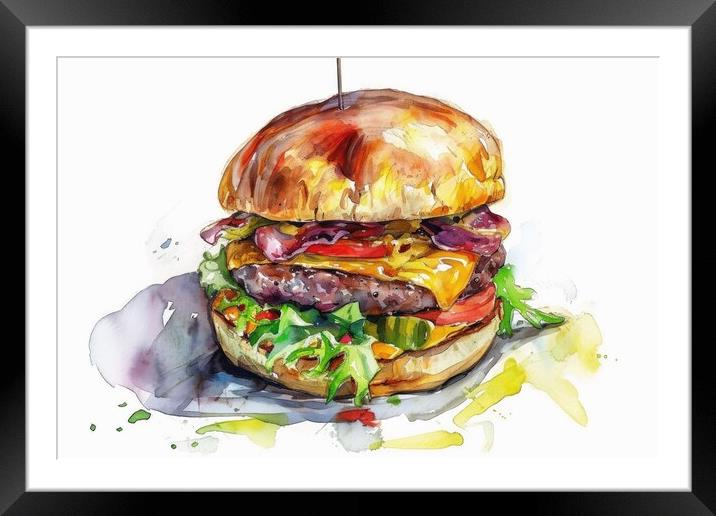 Watercolor of a tasty burger on white. Framed Mounted Print by Michael Piepgras