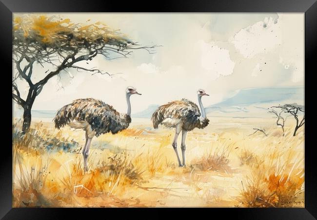 Watercolor of an Ostrich couple in the savannah. Framed Print by Michael Piepgras