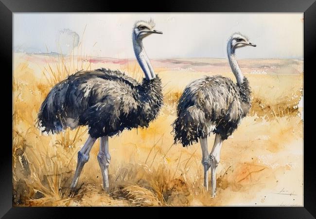 Watercolor of an Ostrich couple in the savannah. Framed Print by Michael Piepgras