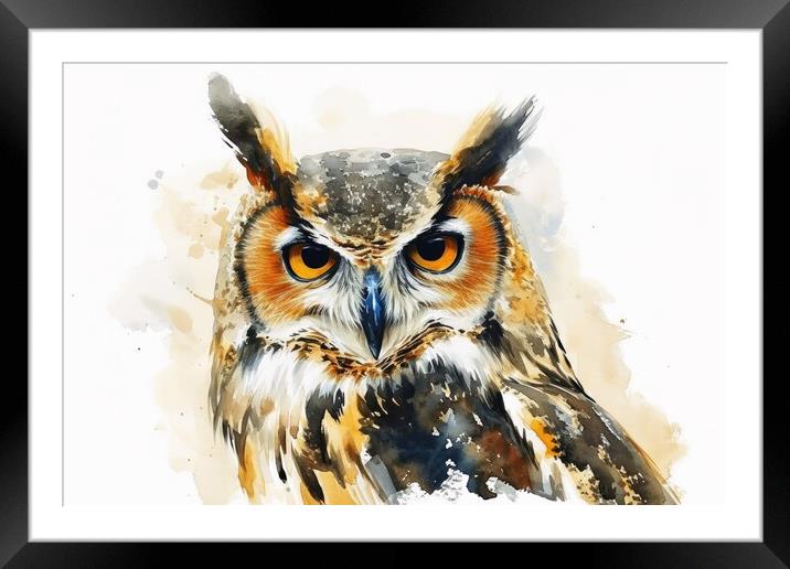 Watercolor of an owl on white. Framed Mounted Print by Michael Piepgras