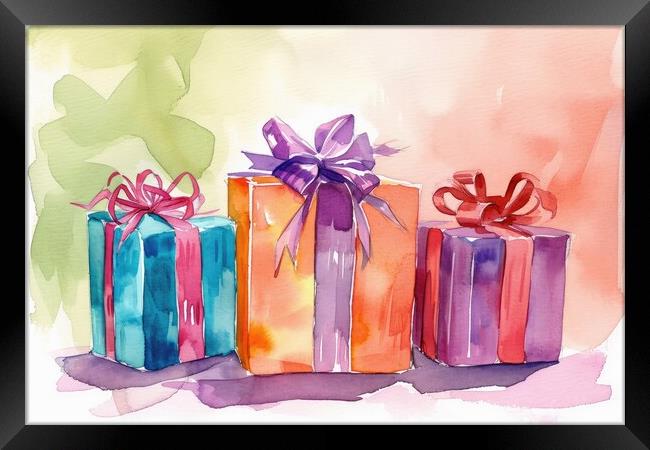 Watercolor of beautiful wrapped gifts and presents. Framed Print by Michael Piepgras