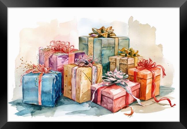 Watercolor of beautiful wrapped gifts and presents. Framed Print by Michael Piepgras