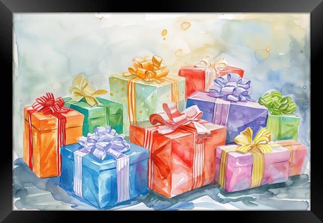 Watercolor of beautiful wrapped gifts and presents. Framed Print by Michael Piepgras