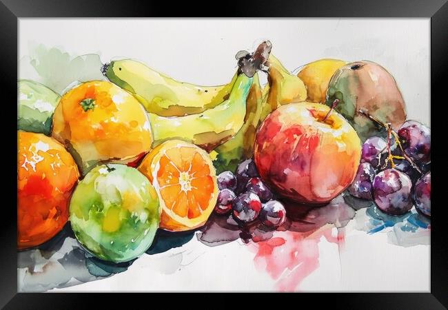 Watercolor of fresh fruits on white. Framed Print by Michael Piepgras