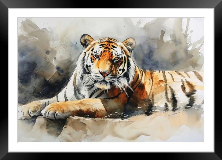 Watercolor painting of an impressive Tiger. Framed Mounted Print by Michael Piepgras