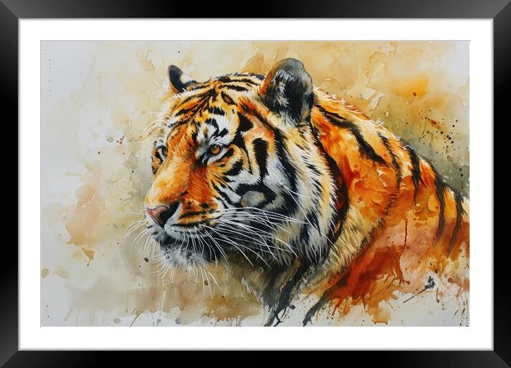 Watercolor painting of an impressive Tiger. Framed Mounted Print by Michael Piepgras