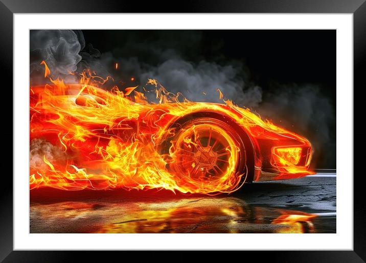 A fast modern car made of fire. Framed Mounted Print by Michael Piepgras