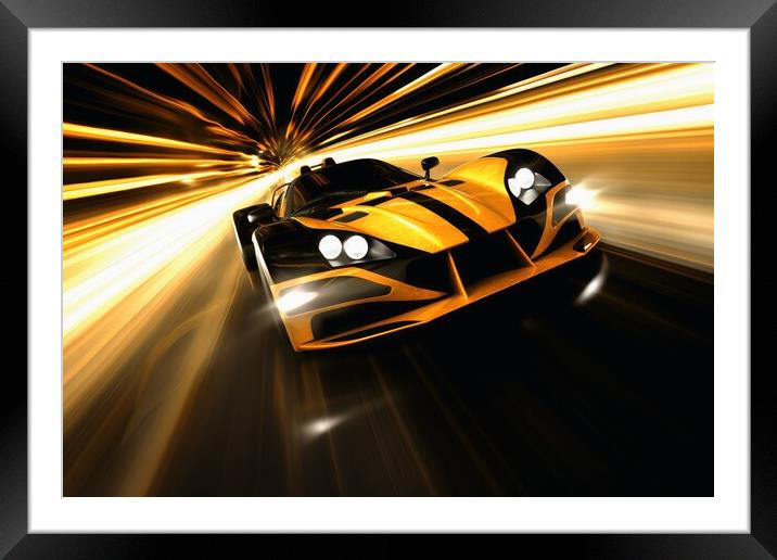 A fast modern hyper car with lightbeams showing the speed. Framed Mounted Print by Michael Piepgras