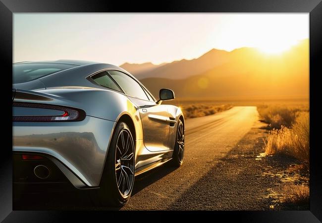 A fast sports car with silver paintwork drives along a lonely ro Framed Print by Michael Piepgras