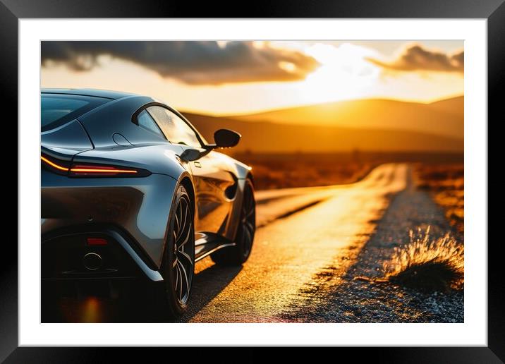A fast sports car with silver paintwork drives along a lonely ro Framed Mounted Print by Michael Piepgras