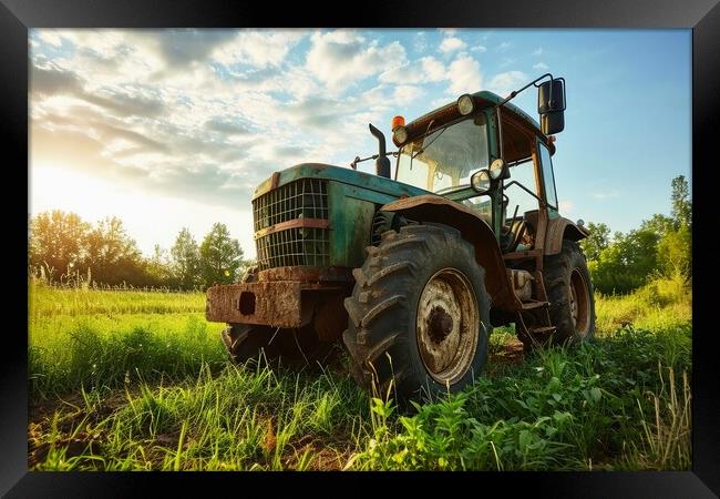 A large tractor on a farm working on a field. Framed Print by Michael Piepgras