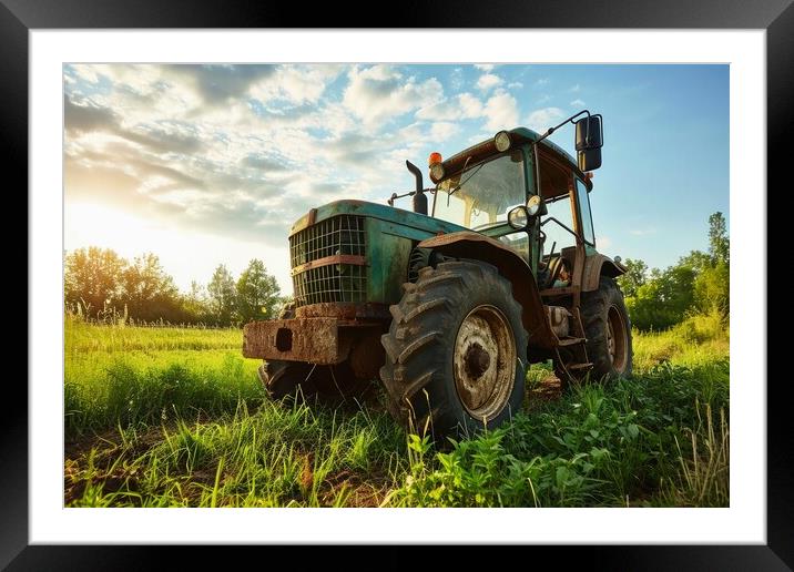 A large tractor on a farm working on a field. Framed Mounted Print by Michael Piepgras