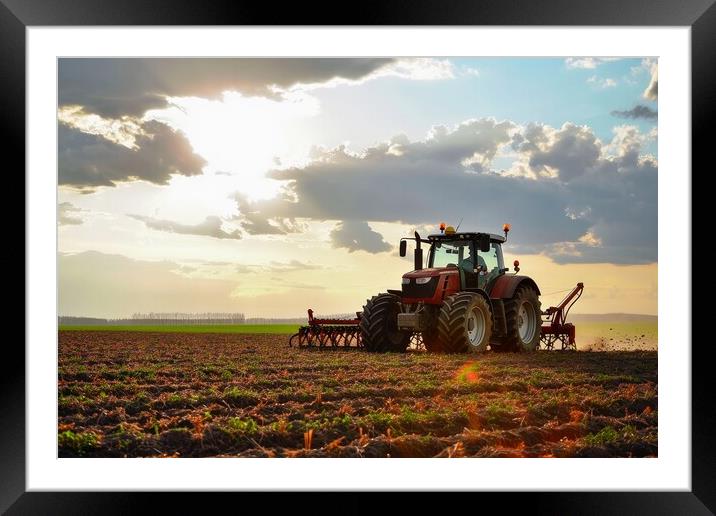 A large tractor working on a field with big machines. Framed Mounted Print by Michael Piepgras