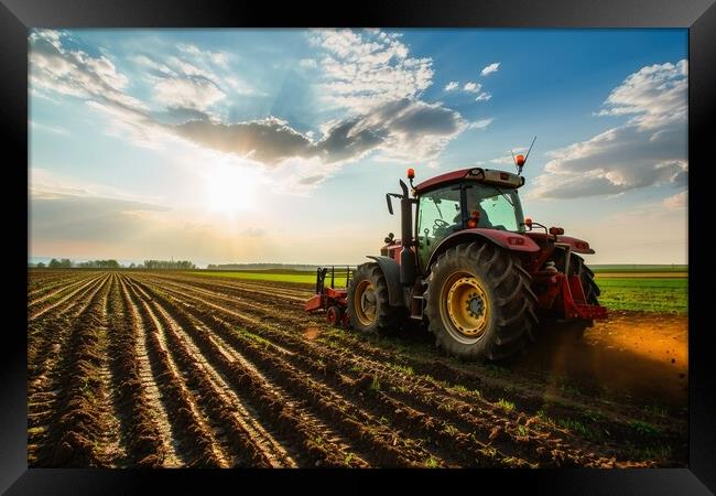 A large tractor working on a field with big machines. Framed Print by Michael Piepgras