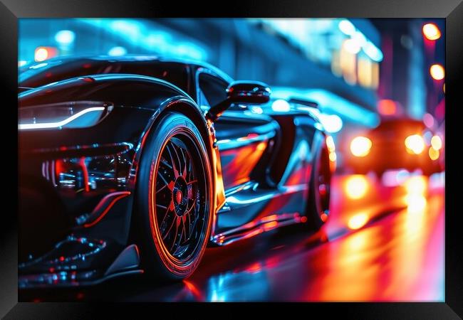 A low angle view of a fast driving sports car with neon lights o Framed Print by Michael Piepgras