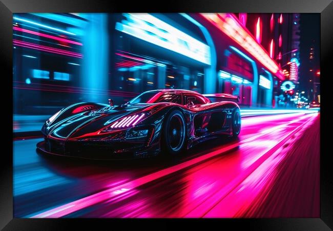 A low angle view of a fast driving sports car with neon lights o Framed Print by Michael Piepgras