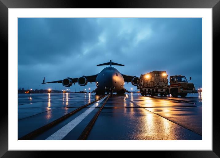 A military transport airplane on an airport loading equipment. Framed Mounted Print by Michael Piepgras