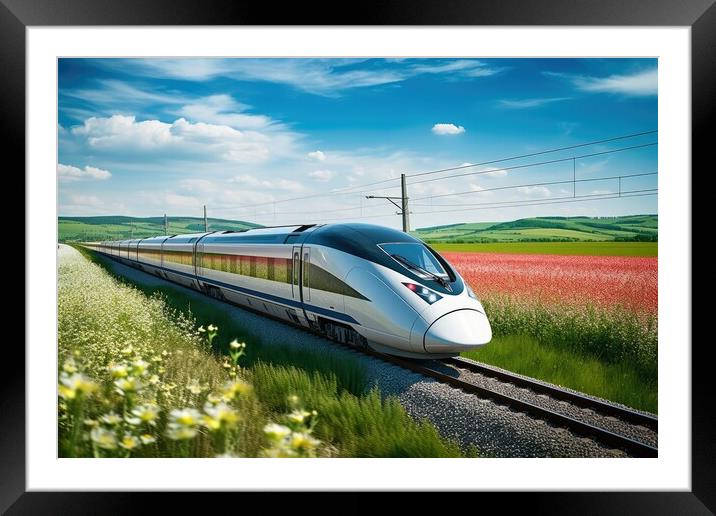 A modern high speed train racing through a scenic countryside landscape. Framed Mounted Print by Michael Piepgras