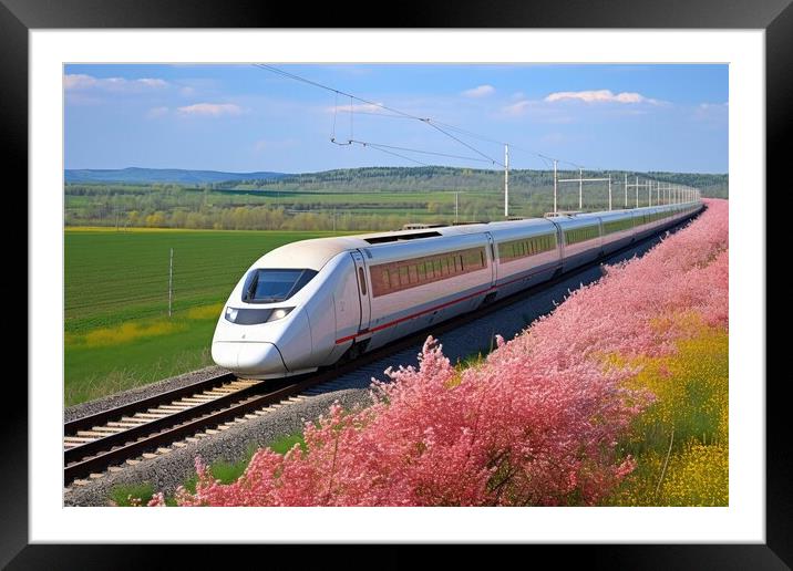 A modern high speed train racing through a scenic countryside landscape. Framed Mounted Print by Michael Piepgras