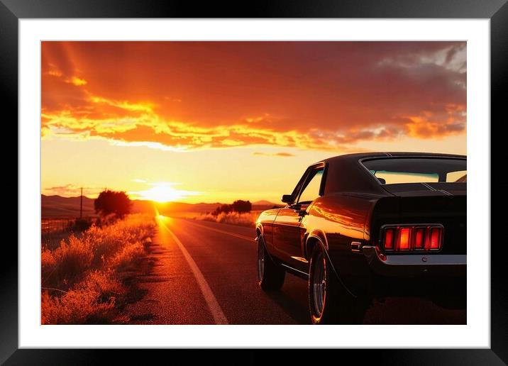 A muscle car driving into the sunset. Framed Mounted Print by Michael Piepgras