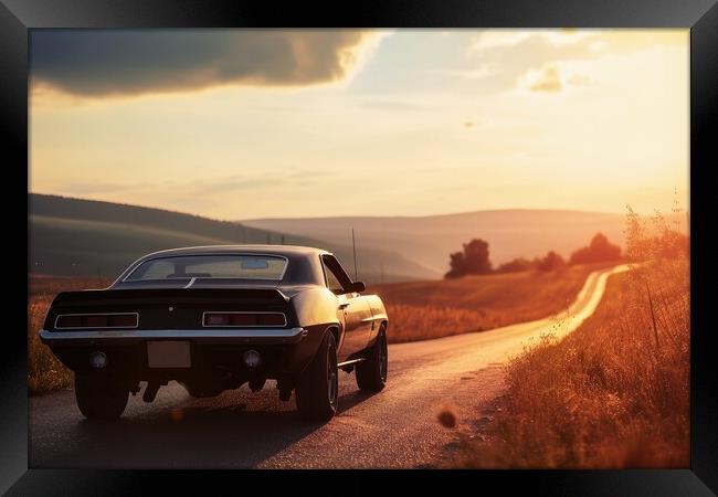 A muscle car driving into the sunset. Framed Print by Michael Piepgras