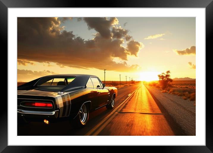 A muscle car driving into the sunset. Framed Mounted Print by Michael Piepgras