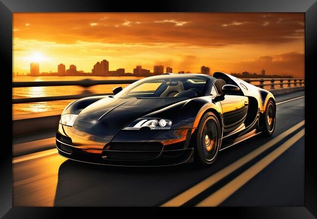 A sleek and powerful sports car racing down a scenic coastal roa Framed Print by Michael Piepgras