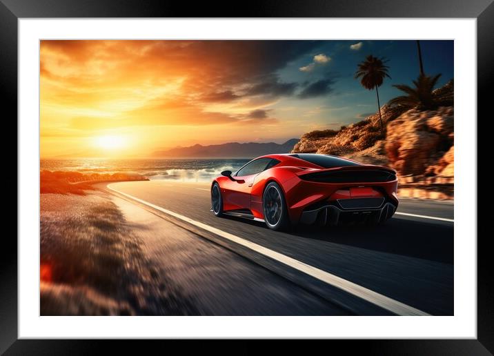 A sleek and powerful sports car racing down a scenic coastal roa Framed Mounted Print by Michael Piepgras