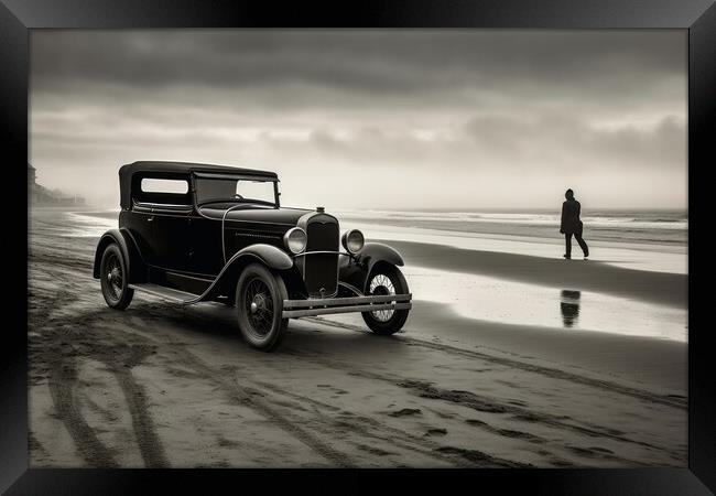 A vintage car arriving at a lonely beach. Framed Print by Michael Piepgras