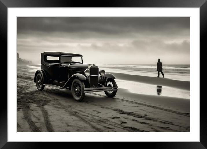 A vintage car arriving at a lonely beach. Framed Mounted Print by Michael Piepgras