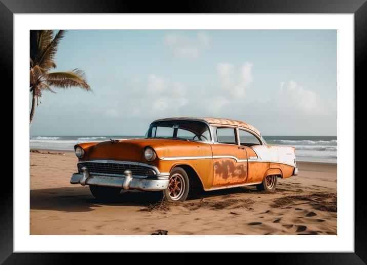 A vintage car arriving at a lonely beach. Framed Mounted Print by Michael Piepgras