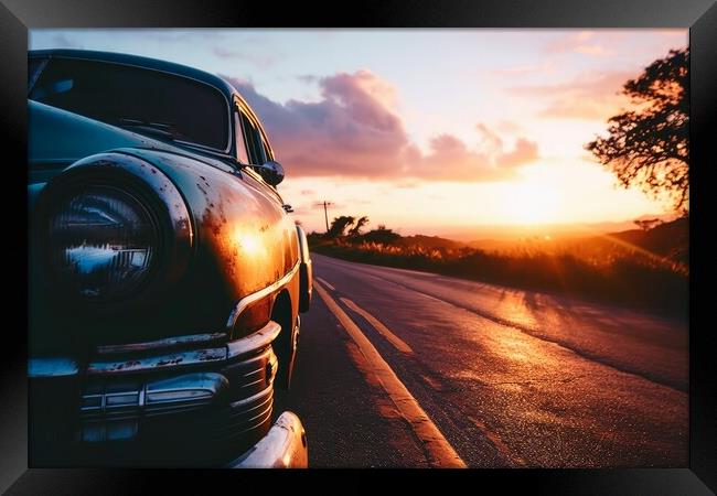 A vintage car driving into the sunset. Framed Print by Michael Piepgras