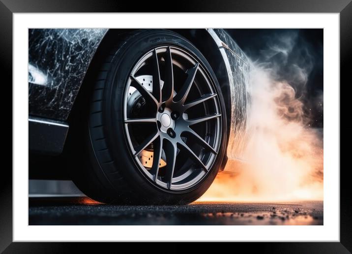 A wheel of a sports car spinning fast and producing smoke. Framed Mounted Print by Michael Piepgras