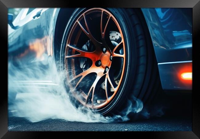 A wheel of a sports car spinning fast and producing smoke. Framed Print by Michael Piepgras