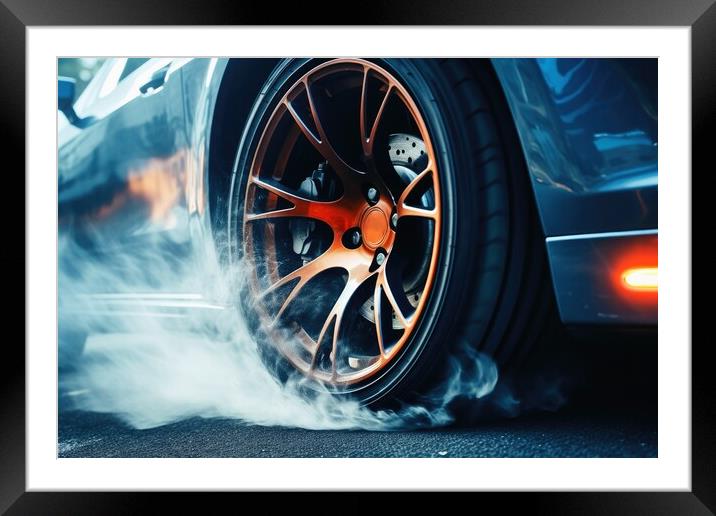 A wheel of a sports car spinning fast and producing smoke. Framed Mounted Print by Michael Piepgras