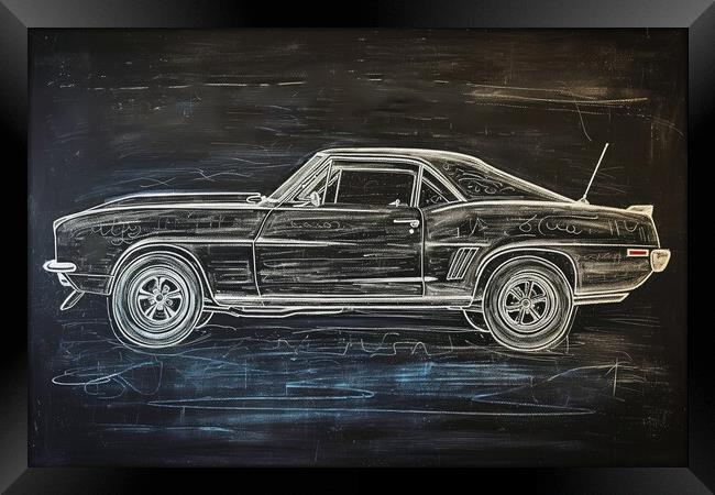 Chalk drawing of a muscle car on a blackboard. Framed Print by Michael Piepgras