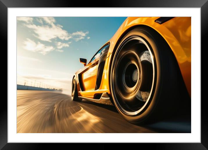 Close up of a fast turning wheel of a sports car. Framed Mounted Print by Michael Piepgras