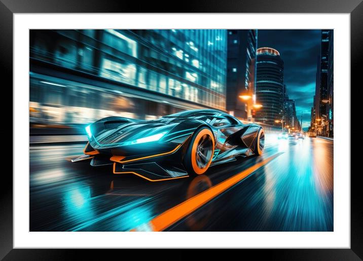 Fast futuristic cars in a race in a city centre at night. Framed Mounted Print by Michael Piepgras