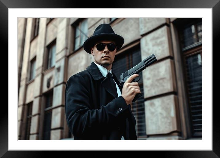 Ficitional secret agent with a weapon in his hand. Framed Mounted Print by Michael Piepgras