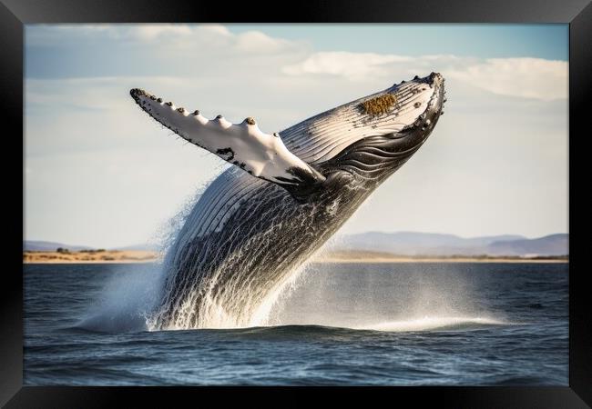 A big whale jumping half out of the water. Framed Print by Michael Piepgras