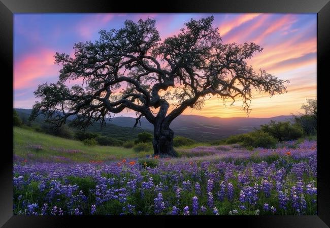 A very old gnarled tree stands alone in a field of flowers at su Framed Print by Michael Piepgras