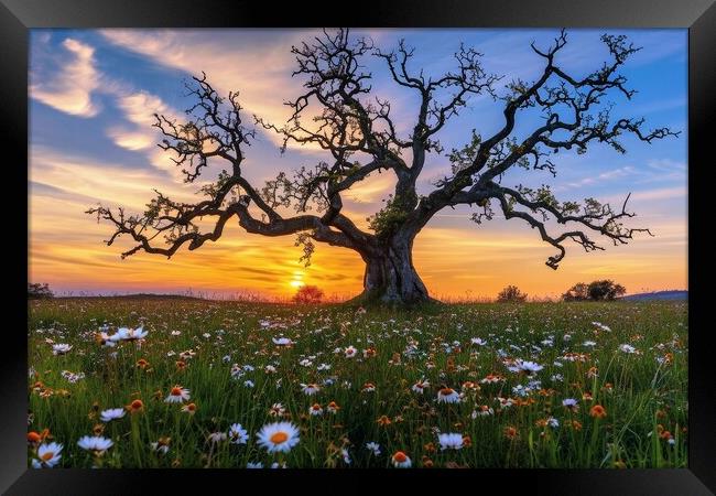 A very old gnarled tree stands alone in a field of flowers at su Framed Print by Michael Piepgras